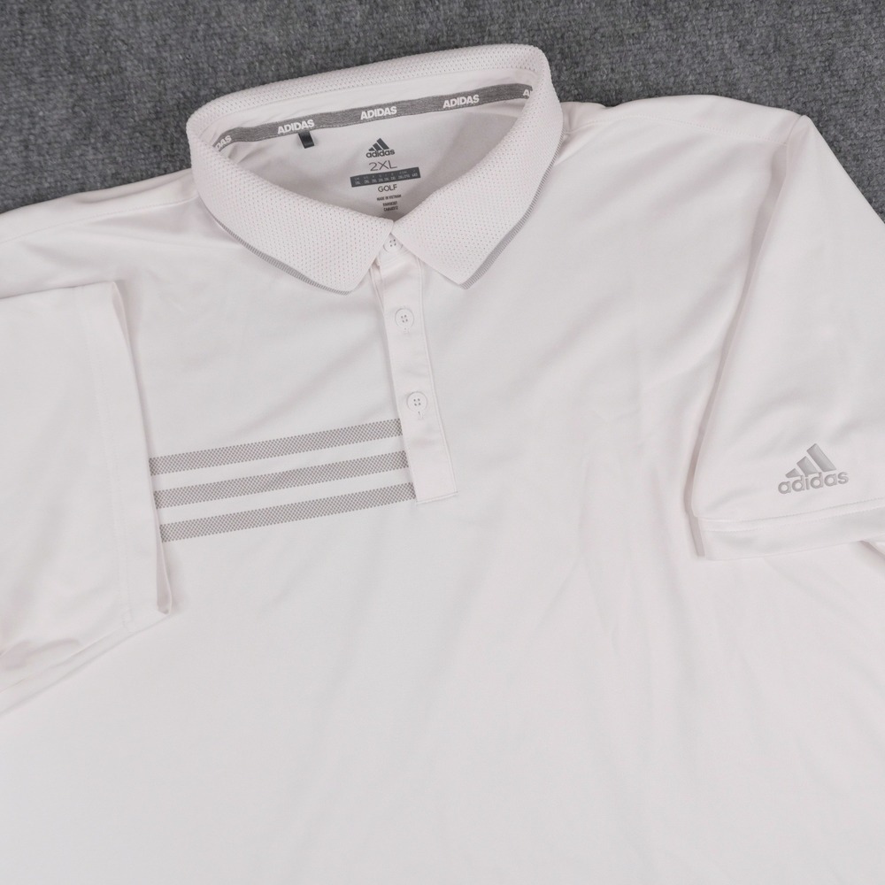 Adidas Golf Polo Shirt‎ Mens 2XL White Grey Stripe Performance Short Sleeve